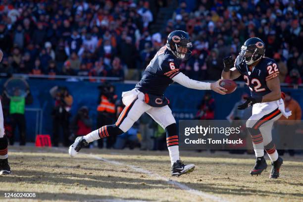 Jay Cutler of the Chicago Bears hands off to Matt Forte against the Green Bay Packers in the NFC Championship Game at Soldier Field on January 23,...