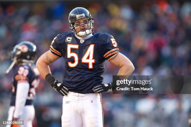 Brian Urlacher of the Chicago Bears in action against the Green Bay Packers in the NFC Championship Game at Soldier Field on January 23, 2011 in...