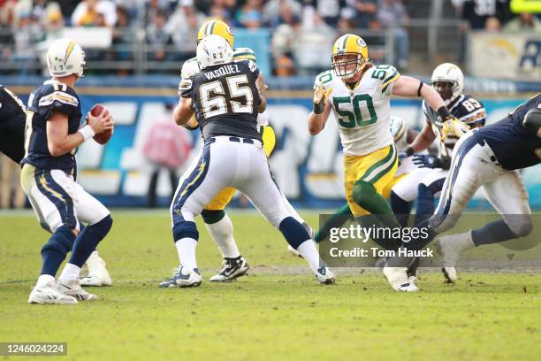 Hawk of the Green Bay Packers rushes Phillip Rivers of the San Diego Chargers on November 6, 2011 at Qualcomm Stadium in San Diego, California.