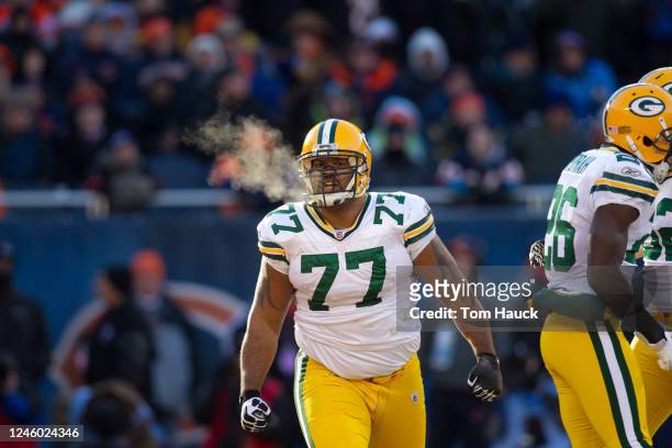 Cullen Jenkins of the Green Bay Packers in action against the Chicago Bears in the NFC Championship Game at Soldier Field on January 23, 2011 in...