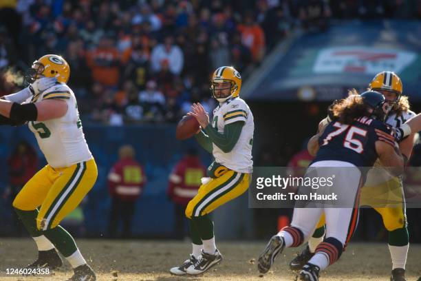 Aaron Rodgers of the Green Bay Packers passes against the Chicago Bears in the NFC Championship Game at Soldier Field on January 23, 2011 in Chicago,...