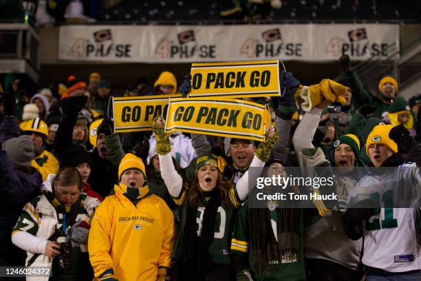 Fans of the Green Bay Packers cheeragainst the Chicago Bears in the NFC Championship Game at Soldier Field on January 23, 2011 in Chicago, Illinois.