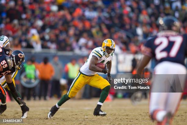 James Starks of the Green Bay Packers runs against the Chicago Bears in the NFC Championship Game at Soldier Field on January 23, 2011 in Chicago,...