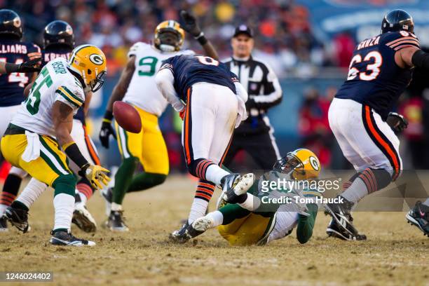 Sam Shields of the Green Bay Packers sacks Jay Cutler of the Chicago Bears in the NFC Championship Game at Soldier Field on January 23, 2011 in...