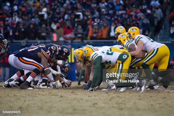 The line of scrimmage between the Green Bay Packers against the Chicago Bears in the NFC Championship Game at Soldier Field on January 23, 2011 in...