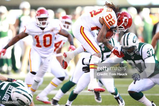 Dexter McCluster of the Kansas City Chiefs is hit by Tracy Wilson of the New York Jets at Metlife Stadium on December 11, 2011 in East Rutherford,...