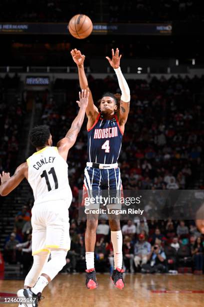 Jalen Green of the Houston Rockets shoots a three point basket during the game against the Utah Jazz on January 5, 2023 at the Toyota Center in...