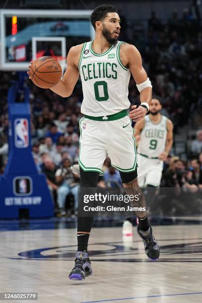 Jayson Tatum of the Boston Celtics dribbles the ball during the game against the Dallas Mavericks on January 5, 2022 at the American Airlines Center...