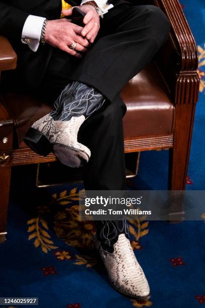 Rep. Jeff Van Drew, D-N.J., wears cowboy boots on the House floor during a vote in which House Republican Leader Kevin McCarthy, R-Calif., did not...