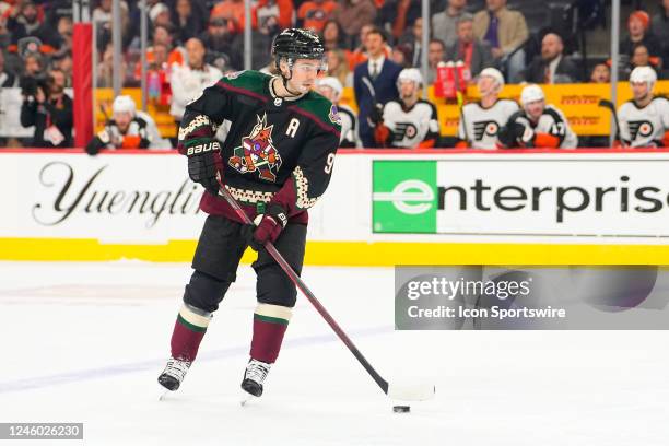 Arizona Coyotes Left Wing Clayton Keller controls the puck during the third period of the National Hockey League game between the Arizona Coyotes and...