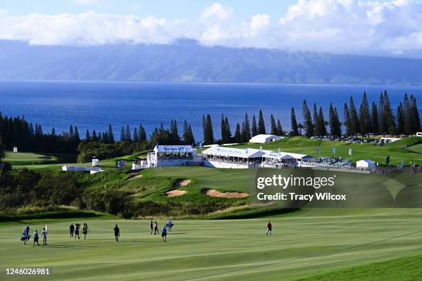 View of the 18th hole and hospitality during the first round of the Sentry Tournament of Champions on The Plantation Course at Kapalua on January 5,...