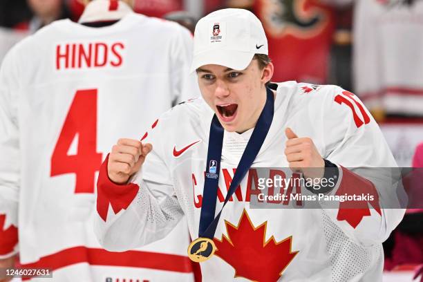 Connor Bedard of Team Canada celebrates after receiving his gold medal at the 2023 IIHF World Junior Championship at Scotiabank Centre on January 5,...