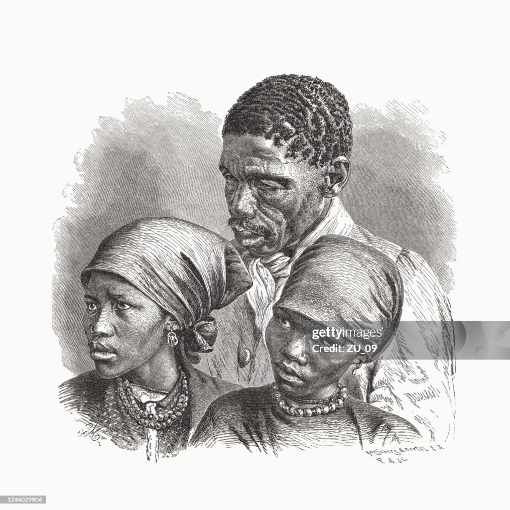 Khoikhoi from Berseba (Namibia), wood engraving, published in 1891