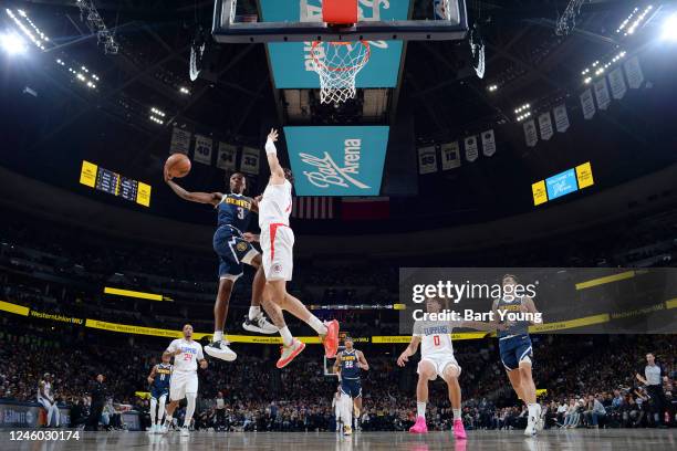 Bones Hyland of the Denver Nuggets drives to the basket during the game against the LA Clippers on January 5, 2023 at the Ball Arena in Denver,...