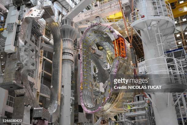 Engineers work on a module being assembled at the international nuclear fusion project Iter in Saint-Paul-les-Durance, southern France, on January 5,...