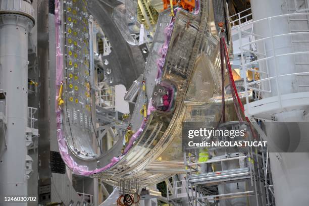 Engineers work on a module being assembled at the international nuclear fusion project Iter in Saint-Paul-les-Durance, southern France, on January 5,...