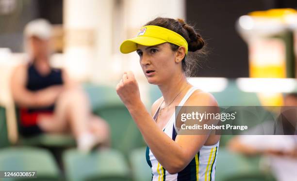 Irina-Camelia Begu of Romania in action against Veronika Kudermetova of Russia during the quarter-final on Day 6 of the 2023 Adelaide International...