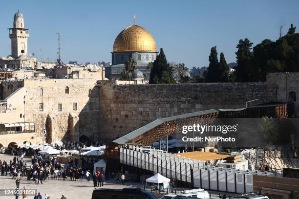 View of the Dome of the Rock, the Western Wall and the Mughrabi Bridge in Jerusalem, Israel on December 29, 2022.