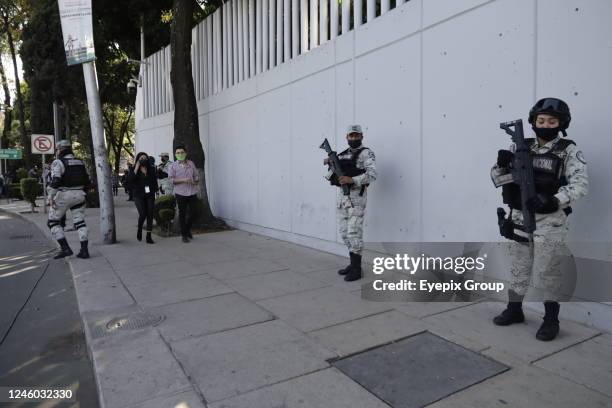 Members of the National Guard protect the facilities of the Specialized Prosecutor for Organized Crime where Sinaloa Cartel kingpin Ovidio Guzmán...