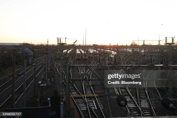 Passenger trains at the Shoeburyness Carriage Servicing Depot, during strike action by the National Union of Rail, Maritime and Transport, in...