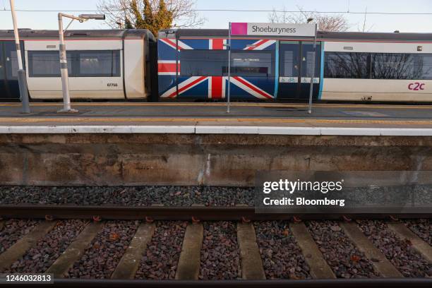 Train carriage featuring a British Union flag livery at Shoeburyness railway Station, during strike action by the National Union of Rail, Maritime...