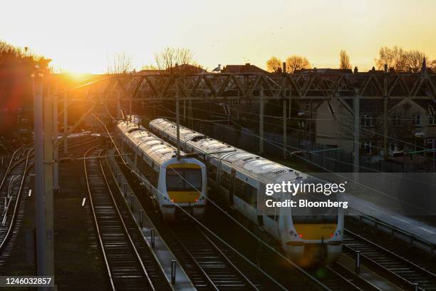 Passenger trains at the Shoeburyness Carriage Servicing Depot, during strike action by the National Union of Rail, Maritime and Transport, in...