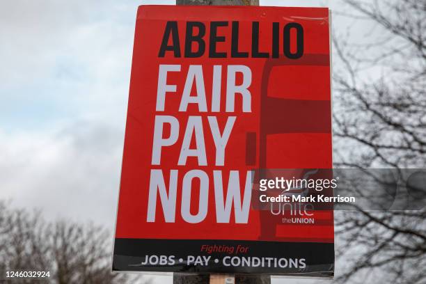 Unite trade union placard is pictured outside an Abellio bus depot on 5 January 2023 in London, United Kingdom. Bus drivers employed by Abellio...