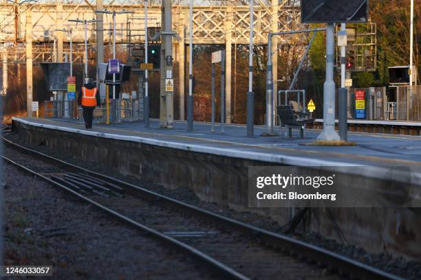 Worker walks along an empty platform at Shoeburyness railway Station, during strike action by the National Union of Rail, Maritime and Transport, in...