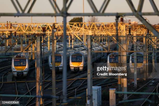 Passenger trains at the Shoeburyness Carriage Servicing Depot, during strike action by the National Union of Rail, Maritime and Transport, in...