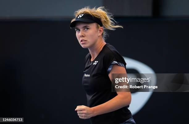 Linda Noskova of the Czech Republic in action against Victoria Azarenka of Belarus during the quarter-final on Day 6 of the 2023 Adelaide...