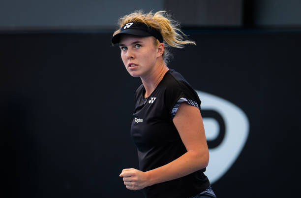 Linda Noskova of the Czech Republic in action against Victoria Azarenka of Belarus during the quarter-final on Day 6 of the 2023 Adelaide...