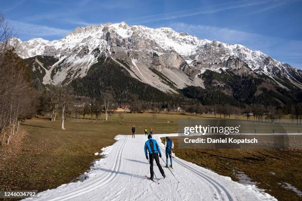 Cross-country skiers make their way on a cross-country ski run covered in artificial snow as grass covers the rest of the meadow on either side on...