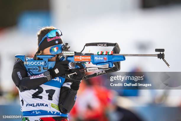 Dorothea Wierer of Italy at the shooting range during the Women 7.5 km Sprint at the BMW IBU World Cup Biathlon Pokljuka on January 5, 2023 in...