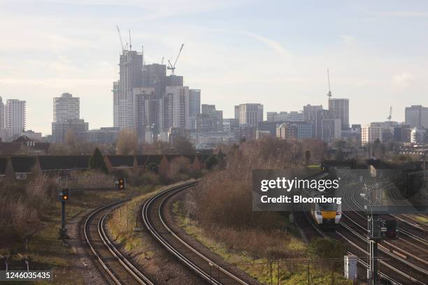 Passenger train passes Selhurst Train Depot, during strike action by the National Union of Rail, Maritime and Transport, in London, UK, on Friday,...