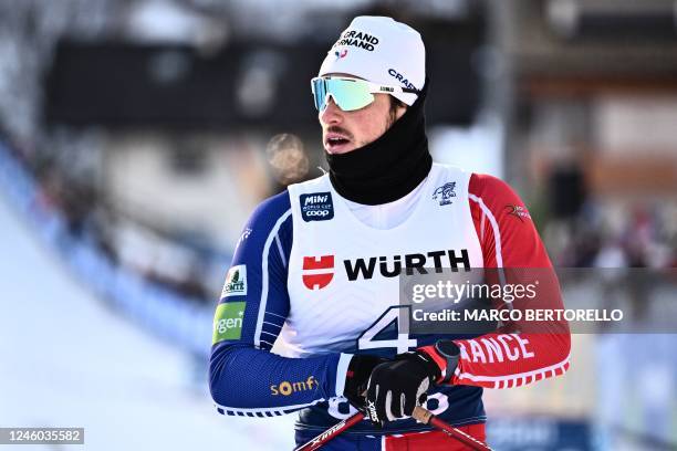 France's Lucas Chanavat reacts after competing in the semifinal of the Men's Sprint Classic event at the FIS Tour de Ski stage on January 6, 2023 at...