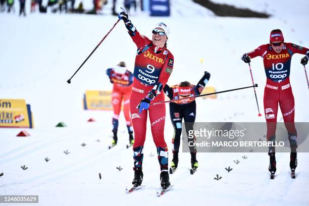 Norway's Lotta Udnes Weng reacts after winning the final of the Women's Sprint Classic event at the FIS Tour de Ski stage on January 6, 2023 at the...
