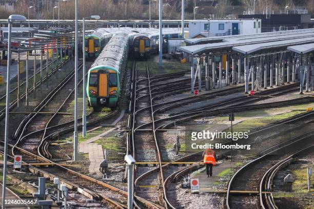Passenger trains at Selhurst Train Depot, during strike action by the National Union of Rail, Maritime and Transport, in London, UK, on Friday, Jan....
