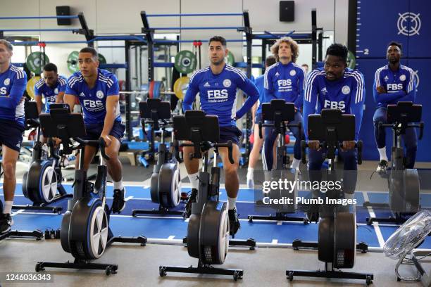 Youri Tielemans of Leicester City, Ayoze Perez of Leicester City and Daniel Amartey of Leicester City during the Leicester City training session at...