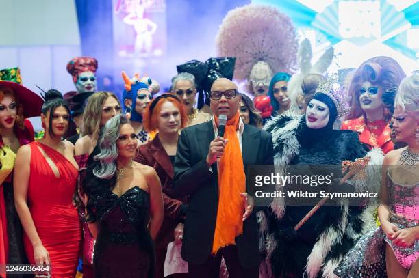 RuPaul , joined by Michelle Visage and drag queens attend the ribbon cutting ceremony during the opening of the RuPauls DragCon UK 2023, presented by...