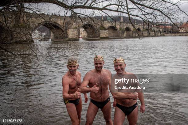 Winter swimmers attend the traditional Three Kings swim in the Vltava river Prague, Czech Republic on January 6, 2023. Water temperatures of 6,1Â°C,...