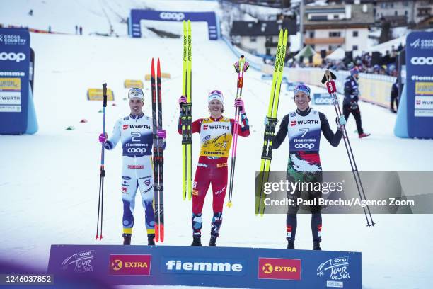 Johannes Hoesflot Klaebo of Team Norway takes 1st place, Calle Halfvarsson of Team Sweden takes 2nd place, Simone Mocellini of Team Italy takes 3rd...