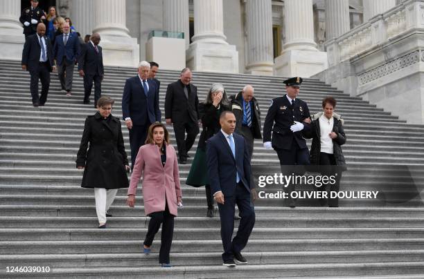 Outgoing Speaker of the House of Representative Nancy Pelosi and US Democratic Representative of New York, Hakeem Jeffries , arrive to join a...