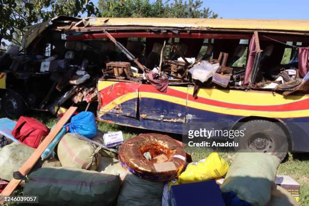 View of the scene after a passenger bus rammed into a stationary lorry on Ugandaâs highway that links the capital, Kampala, to the northern town of...