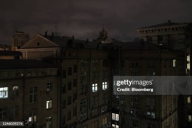 Partially lit block of apartments at night in Kyiv, Ukraine, on Thursday, Jan. 5, 2023. Fighting continues on the ground in the east even as the...