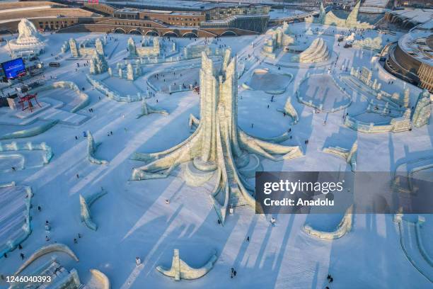 An aerial view of the Harbin Ice and Snow World during the 39th Harbin International Ice and Snow Festival on January 6, 2023 in Harbin, Heilongjiang...