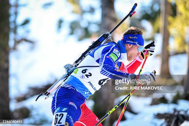 Emilien Claude of France competes during the Men 10 km sprint competition of the IBU Biathlon World Cup in Pokljuka on January 6, 2023.