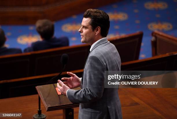 Republican Representative of Florida, Matt Gaetz, nominates Representative of Ohio Jim Jordan for Speaker of the House, as voting continues for a new...