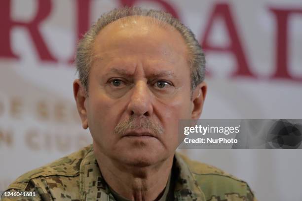 Jose Rafael Ojeda Duran, Secretary of the Navy, during a press conference in Mexico City after the recapture of Ovidio Guzman, son of Mexican drug...