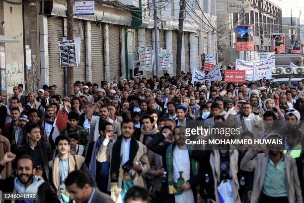Supporters of the Yemen's Houthi rebels attend a protest against the blockade imposed on their country by the Saudi coalition, in the capital Sanaa,...