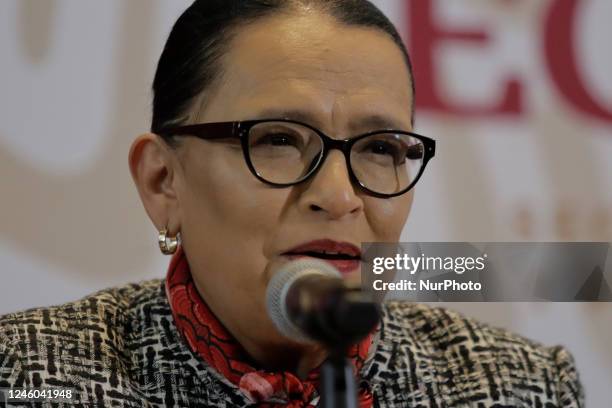 Rosa Isela Rodriguez, Secretary of Public and Citizen Security of the Mexican government, during a press conference in Mexico City after the...